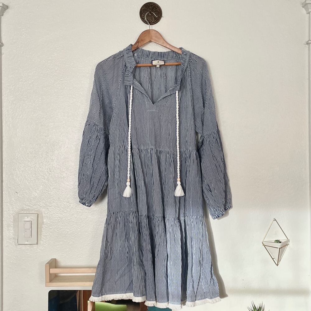 Tucker Nuck Blue White Striped‎ Seersucker Tiered Tassel Mini Dress Large